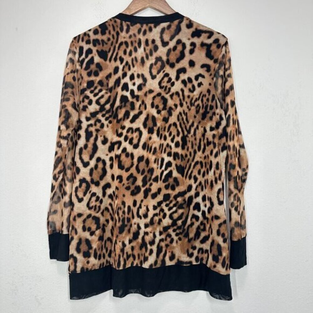 Chico's Size Large Sheer‎ Mesh Leopard Print V Neck Button Front Long Cardigan - Picture 2 of 6